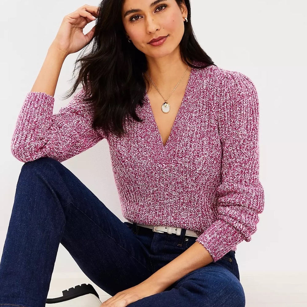 LOFT Marled Pink Puff Sleeve‎ V-Neck Sweater Women’s Size L